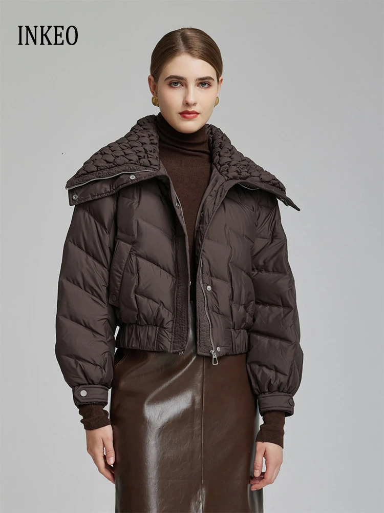 n a large collar down jacket for womens winter fashion oversized short cushioned jacket for womens outerwear elegant brown INKEO DJ062 241107