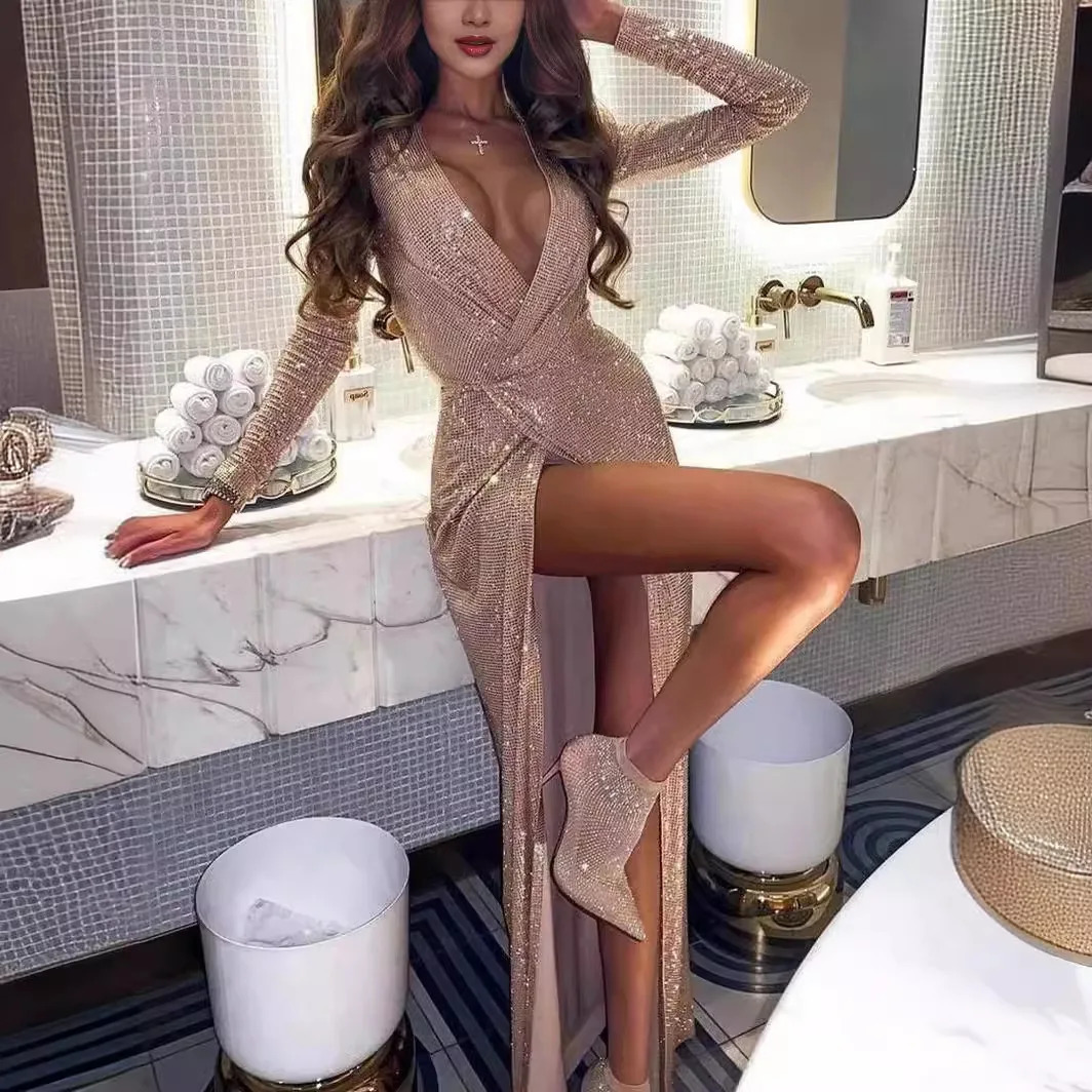Large fashion womens autumn and winter item solid color V-neck shiny sexy ultra-thin long sleeved dress womens clothing 241106