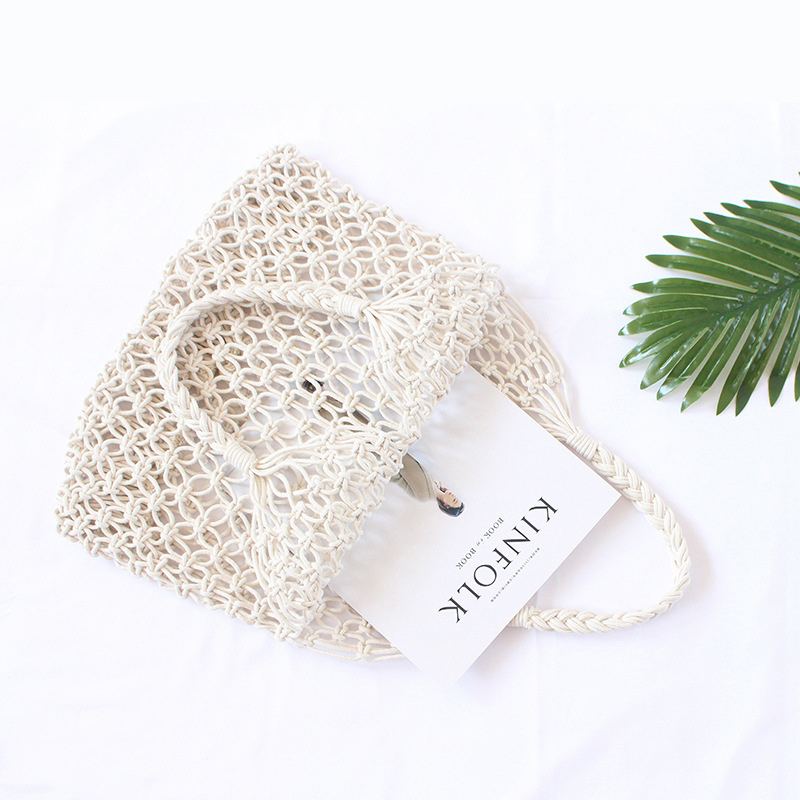 Large Capacity Hollow Woven Handbag Portable Beach Bag Casual Solid Color One-shoulder Bag Cotton Rope Handmade Net Bag