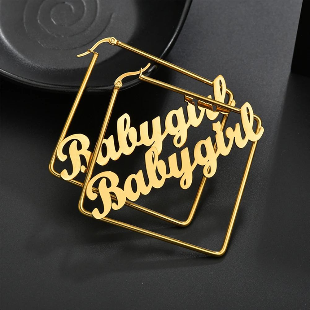 YHUISO Customized Name Ring Earrings Personalized Letter Name Plate Stainless Steel Gothic Flower Emblem Earrings 241106