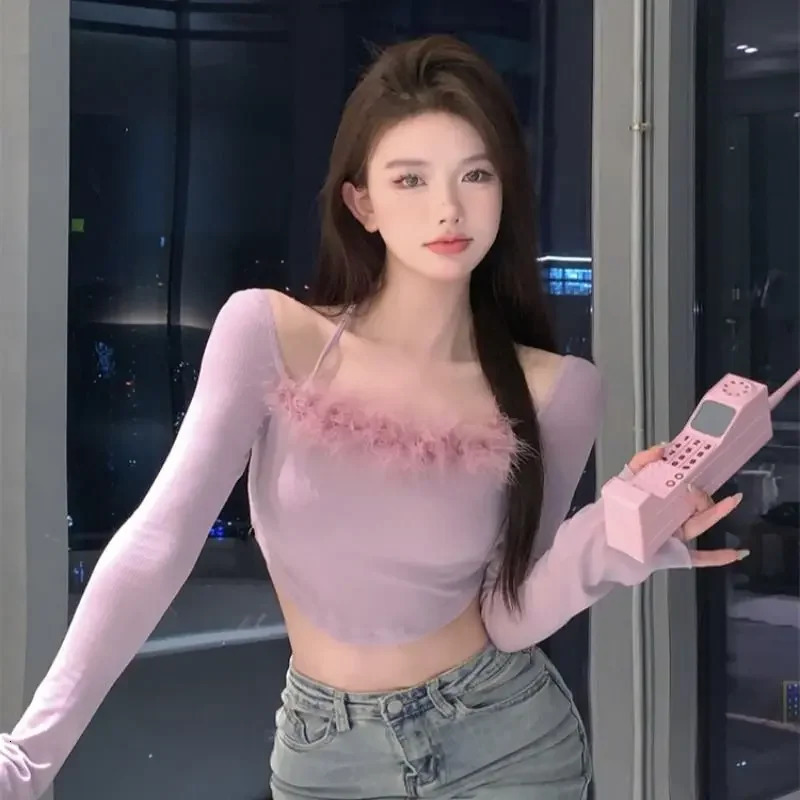 Chic Slash Off Shoulder Halter Christmas Red Sweater Women Crop Tops Sexy Blouse Shirts Fur Knitted Sweaters Vintage Wild 241107