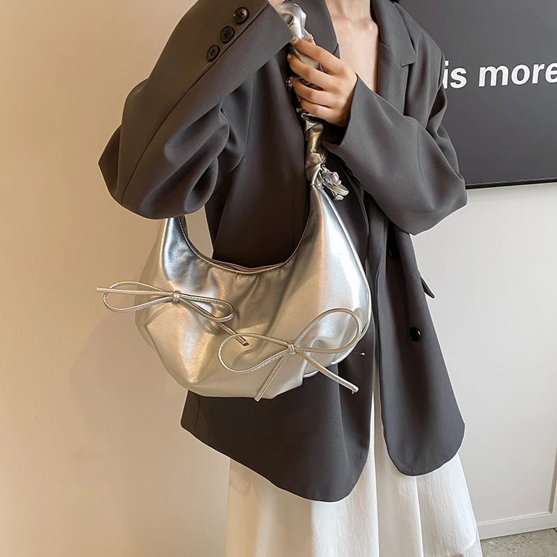 LEFTSIDE small bow silver PU womens leather shoulder bag Y2K fashion trend underwear bag womens handbag 241106