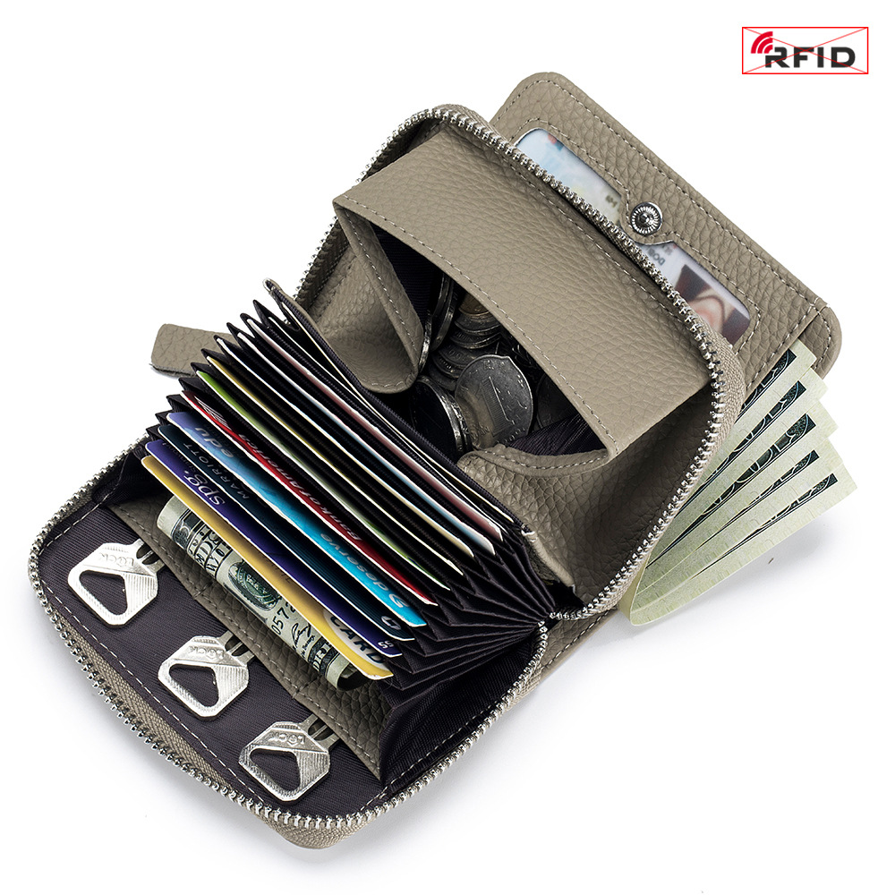 Casual Durable Short Women Wallets Fashion RFID Protection Cowhide Foldable Unisex Zipper Bag Multi-function Position Coin Purse
