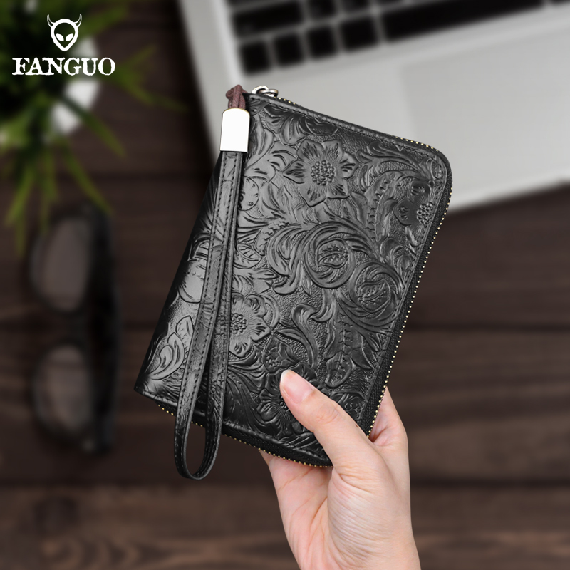 Casual Men's Clutch Wallet Handmade Genuine Leather Card Slot Passport Holder Long Wallet Portable Storage Zipper Wallet Handbag