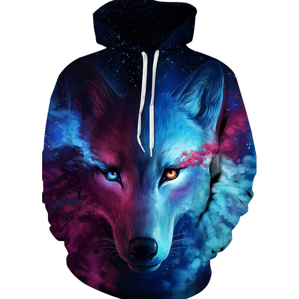 Hoodie for Mens Womens Unisex Novelty Hoodies 3D Print Graphic Hooded Pullover Sweatshirt Pocket Blue Red Graphic Cool Wolf
