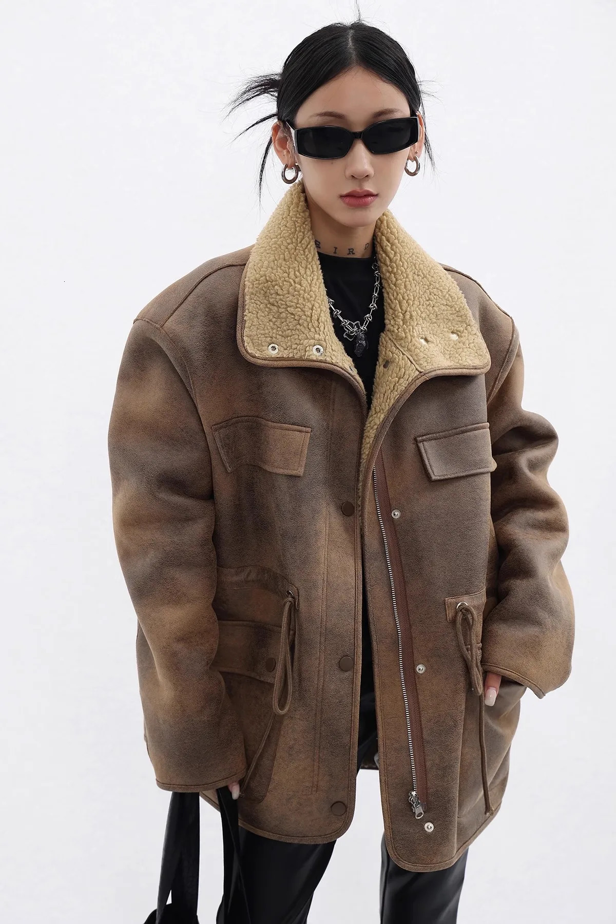 REDDACHIC Lambswool wool reversible leather jacket womens denim brown oversized bomber jacket motorcycle warm winter jacket 241107