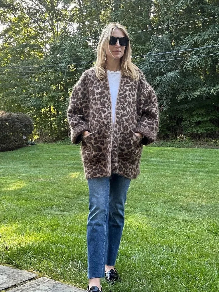 Fashion Leopard Print Mohair Knit Cardigan Women Casual Loose Pockets Long Sleeve Sweater 2024 Lady Front Open Commute Tops 241107