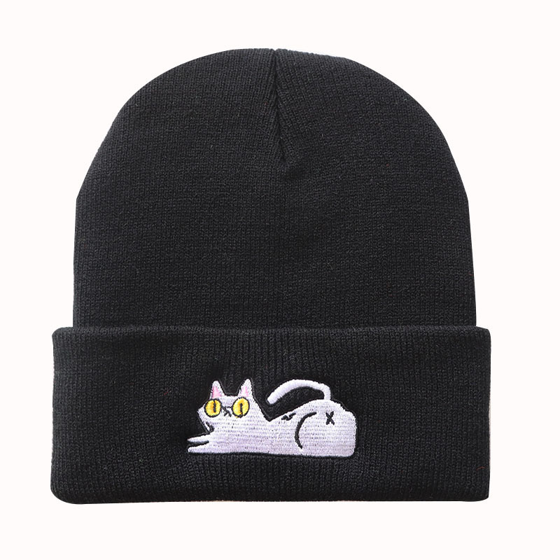 High quality design, Cute Lazy Cat Embroidered Knitted Warm Hoodie Hip Hop Hairline Hat for Male and Female