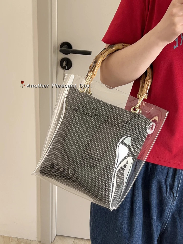 Transparent handbag summer sequin bucket bag fashionable single shoulder cross bag bamboo handbag 241106