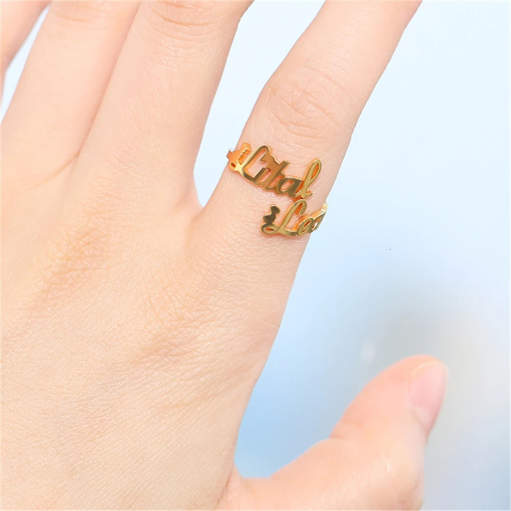 YHUISO Personalized Lover Name Anniversary Adjustable Stainless Steel Couple Ring Customized Family Double Name Ring 241106