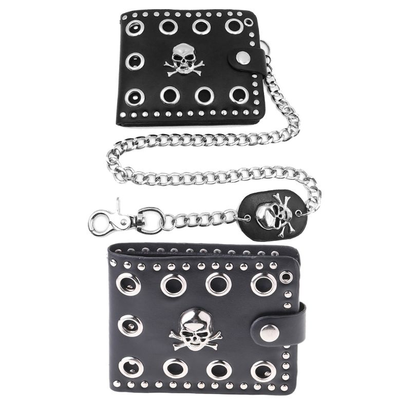 Leather Cool Punk Gothic Western Skull Clutch Purse Wallets With Chain For Men