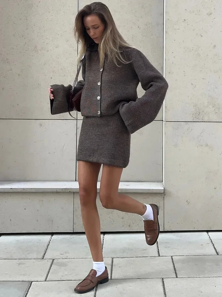 2 Pieces Lapel Long Sleeve Single Breasted Cardigan Short Skirt Suit Elegant Solid Knitted Sets For Women Lady Slim Fall Suits 241107