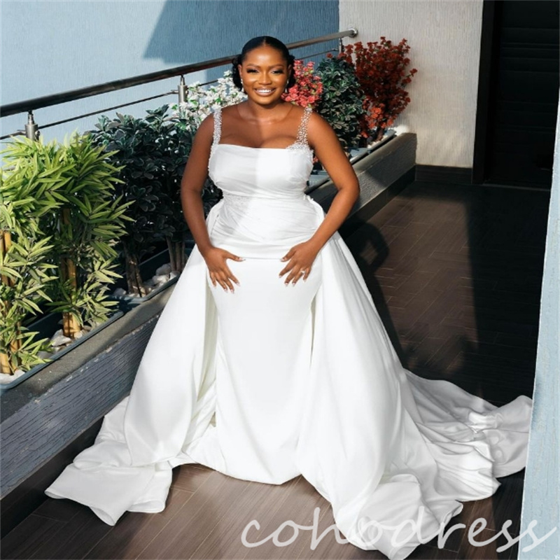 African Mermaid Wedding Dresses With Detachable Train Plus Size Beaded 2 in 1 Country Bridal Gowns Satin Nigerian Vestio De Novias Elegant Robe De Mar