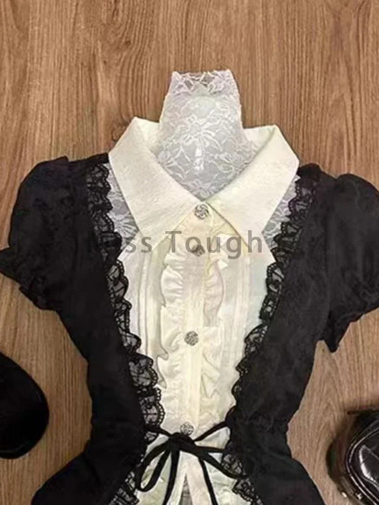 Fashion Sweet Slim Short Sleeve 2 Piece Set Women Chic Lapel Bow Patchwork Tops High Waist Thin Plaid Short Skirt 241107