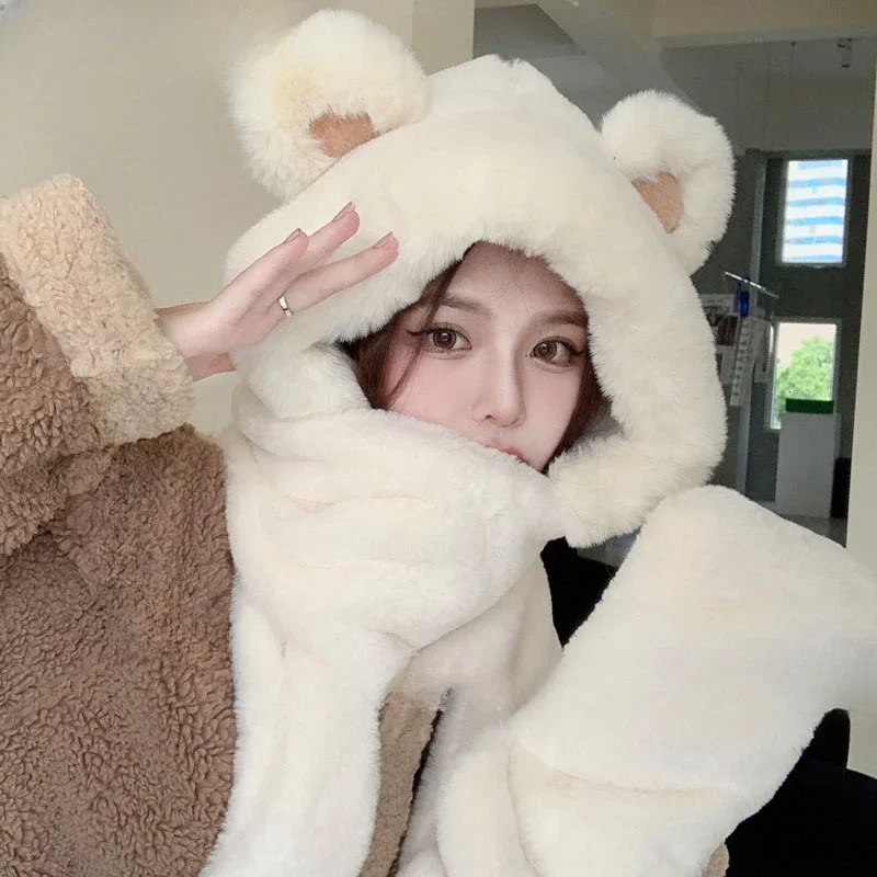 Hat scarf one-piece material womens autumn and winter bear shape warm plush gloves three piece cute hooded ear protection fashionable 241107