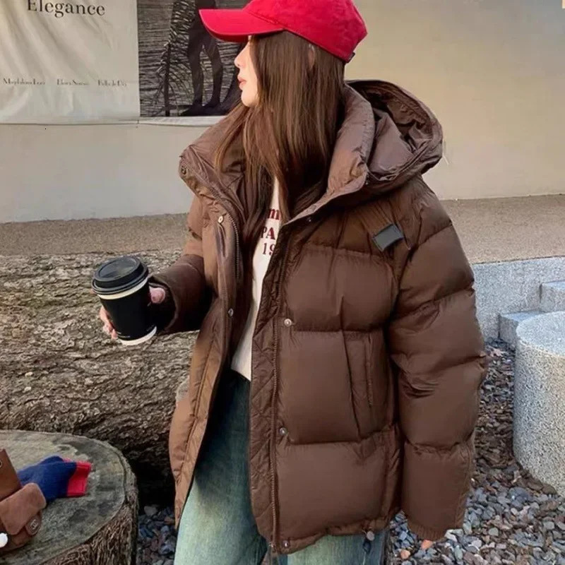 Melad Brown Coffee Womens Crop Petite Winter Thick Down Jacket Long Sleeve Regular Fit 241107