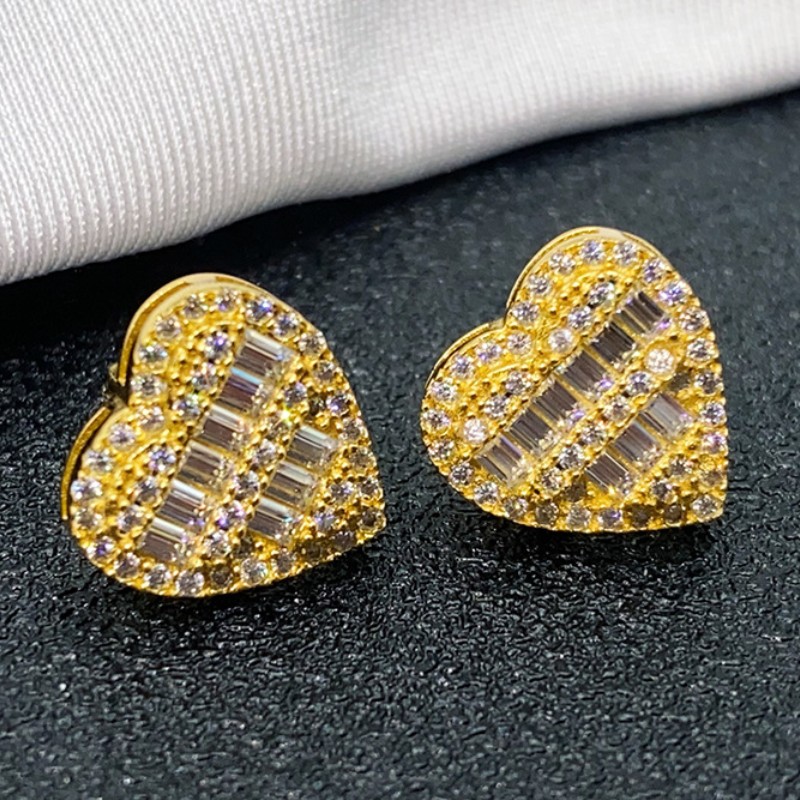 S925 Sterling Silver Gold Plated Pass Test Moissanite Diamond Heart Studs Earrings Nice Gift for Men Women Moissanite Earrings