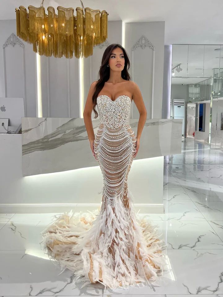 Evening Fabulous Mermaid Elegant Sweetheart Beaded Prom Dress Pearls Feathers Skirt Formal Dresses For Women Es