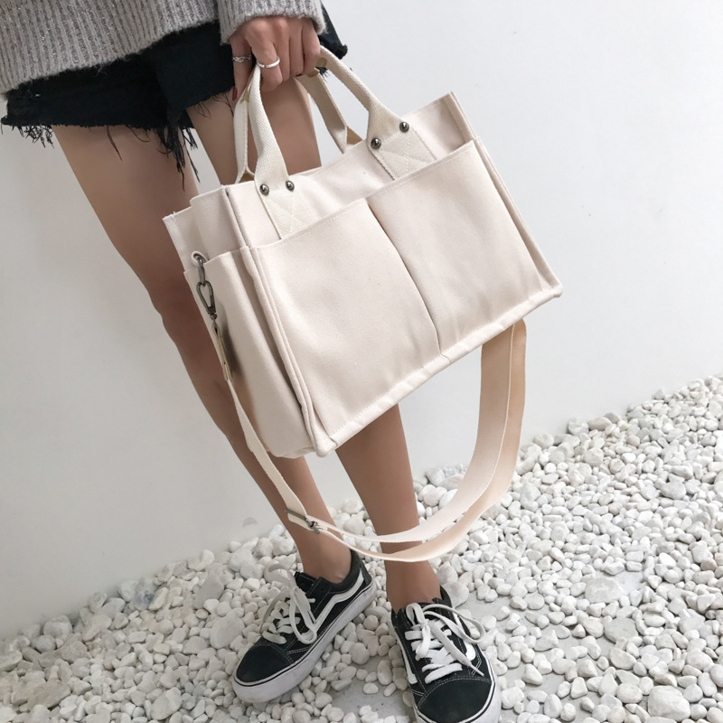 Women Casual Canvas Shoulder Bag Ladies Exterior Pockets Crossbody Messenger Bags Solid Thick Cotton Cloth Purses Girls Handbags