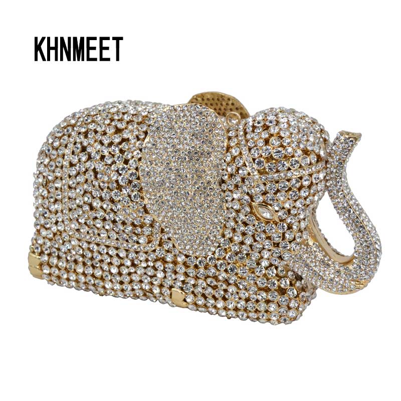 Fashion Newest Luxury Crystal Diamond Elephant Evening Bag Deluxe Indian Rhinestones Metal Zinc Alloy Bridal Party Purse SC487