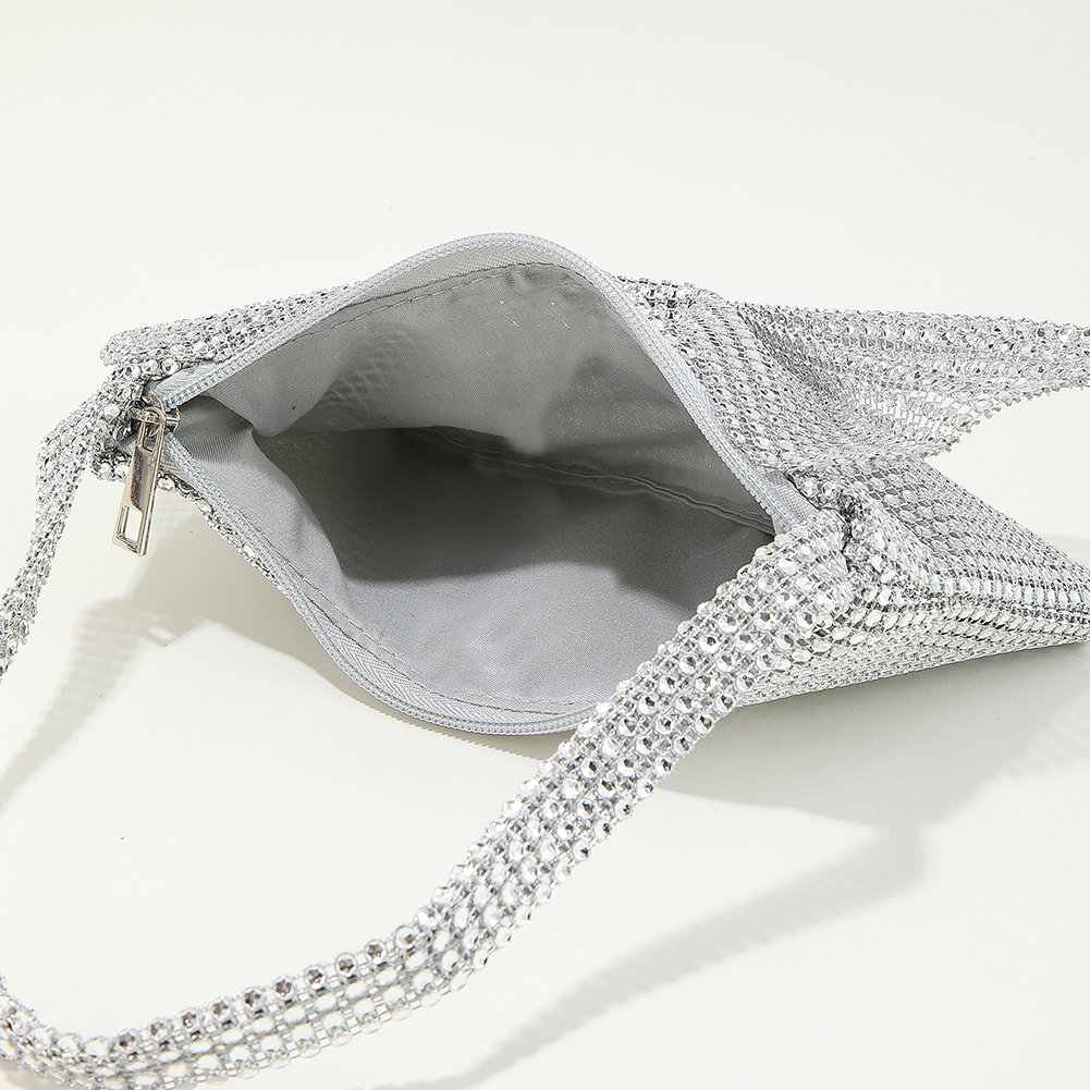 Women Elegant Shoulder Bag Solid Color Rhinestone Evening Armpit Bag Zipper Closure for Dinner Party Wedding