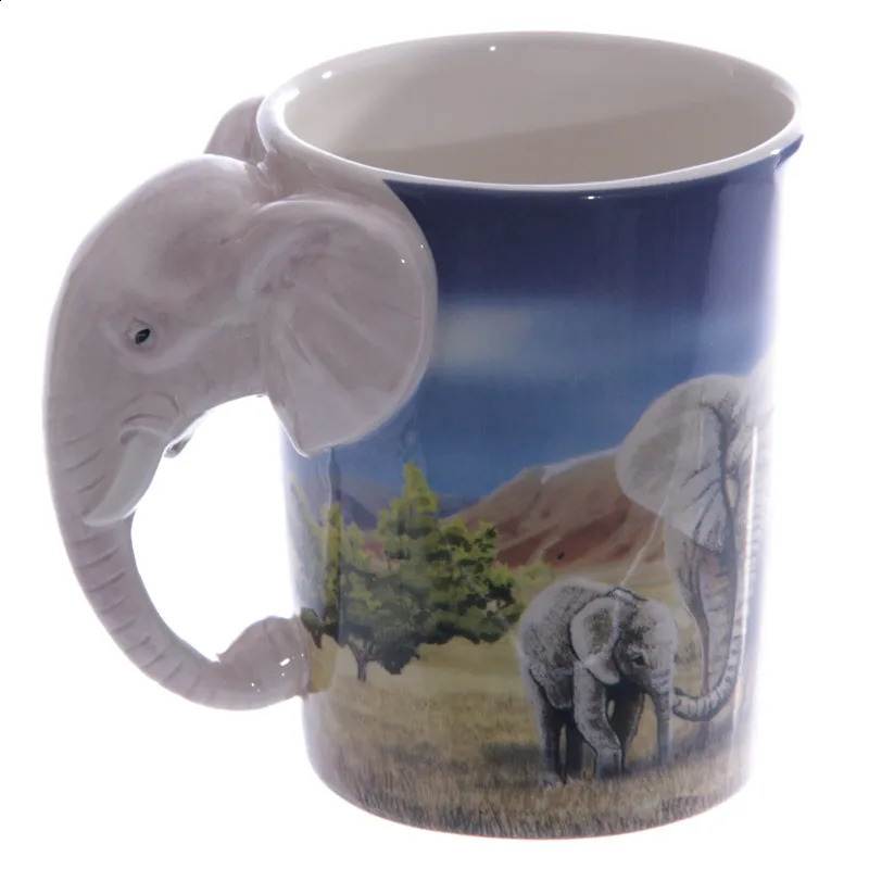 1Piece Creative Animal Cup Elephant Shaped Handle Mug With Savannah Decal Ceramic Office Coffee Mugs 240407