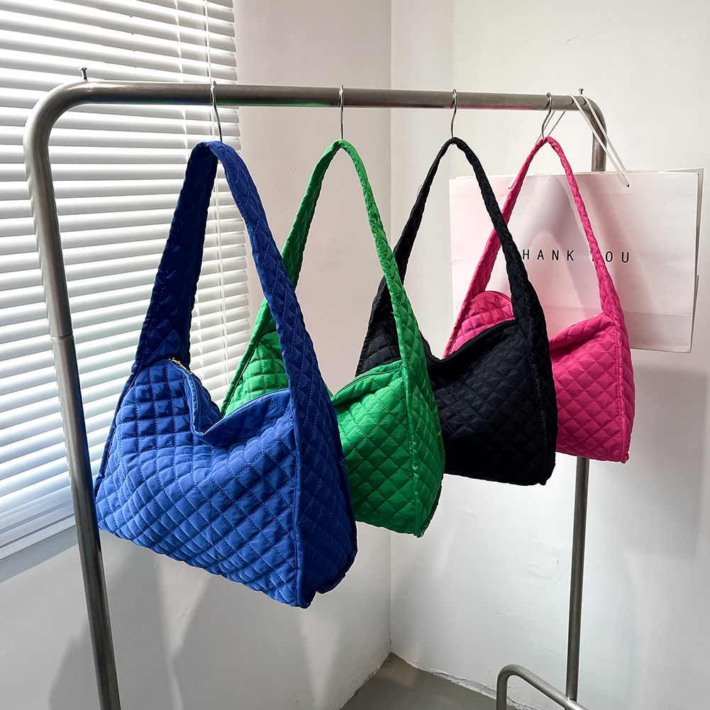 Lightweight Plain Check Bag Zipper Closure Women Quilted Handbag Underarm Bag Solid Color Big Capacity for Shopping Traveling