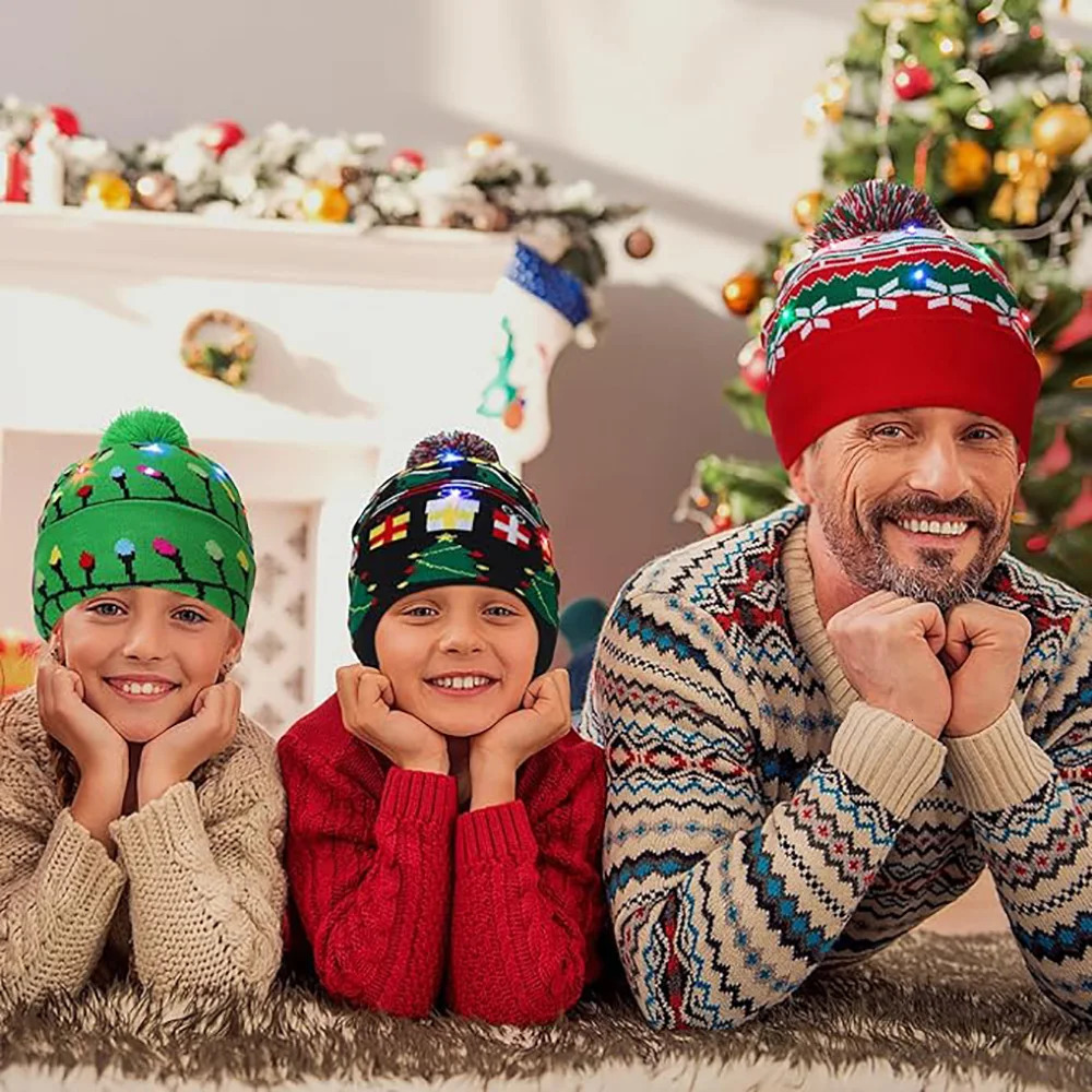 1/2/5/10/20 Christmas hats with LED lights on Beanie knitted hats winter snow hats Christmas party discounts for adults and ren 241106