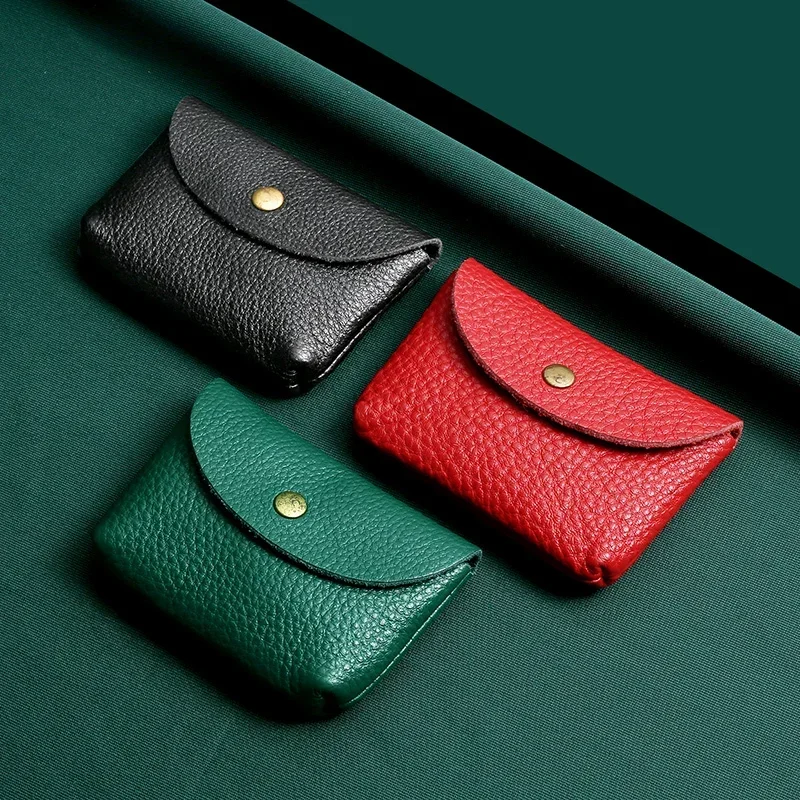 Genuine Leather Mini Envelope Wallet Coin Purse Simple Buckle Cowhide Large Capacity Card Holder Small Change Bag