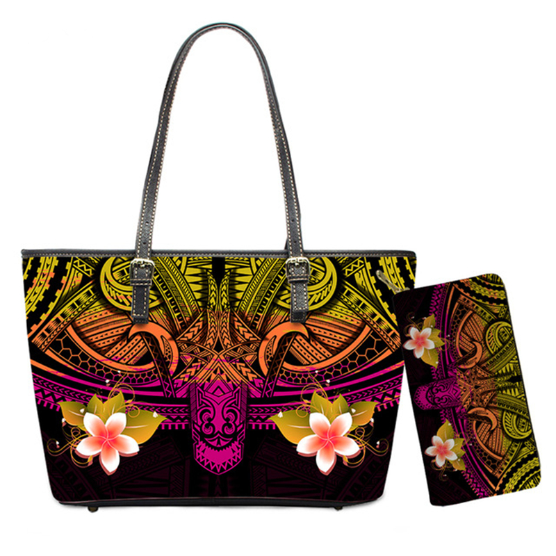 ELVISWORDS 2 Pcs/set Women Handbags Purses Ethnic Polynesian Tribes Printed Lady Leather Large Totes Wallet Fashion Shoulder Bag