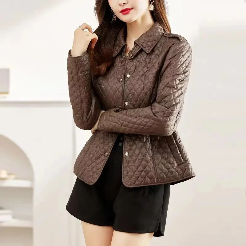 Short cotton jacket womens winter jacket black brown diamond checkered cotton jacket fashionable puff jacket 241107