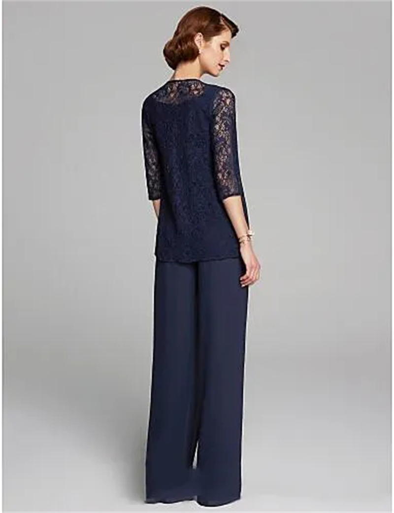 Elegant Mother Of The Bride Pant Suit for Wedding Party Dark Navy Chiffon Lace Jacket Woman Evening Gowns Groom Mom Formal Wear Prom Suits 2024