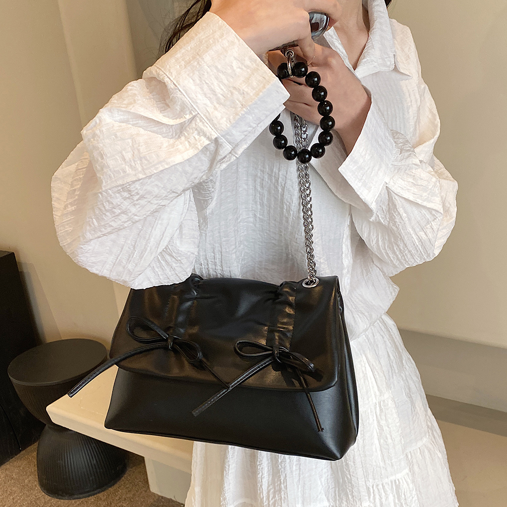 Bow Tie Shoulder Bag with Chain Strap PU Leather Y2K Purse Flap Satchel Purse with Hasp Closure Underarm Bag for Women and Girls