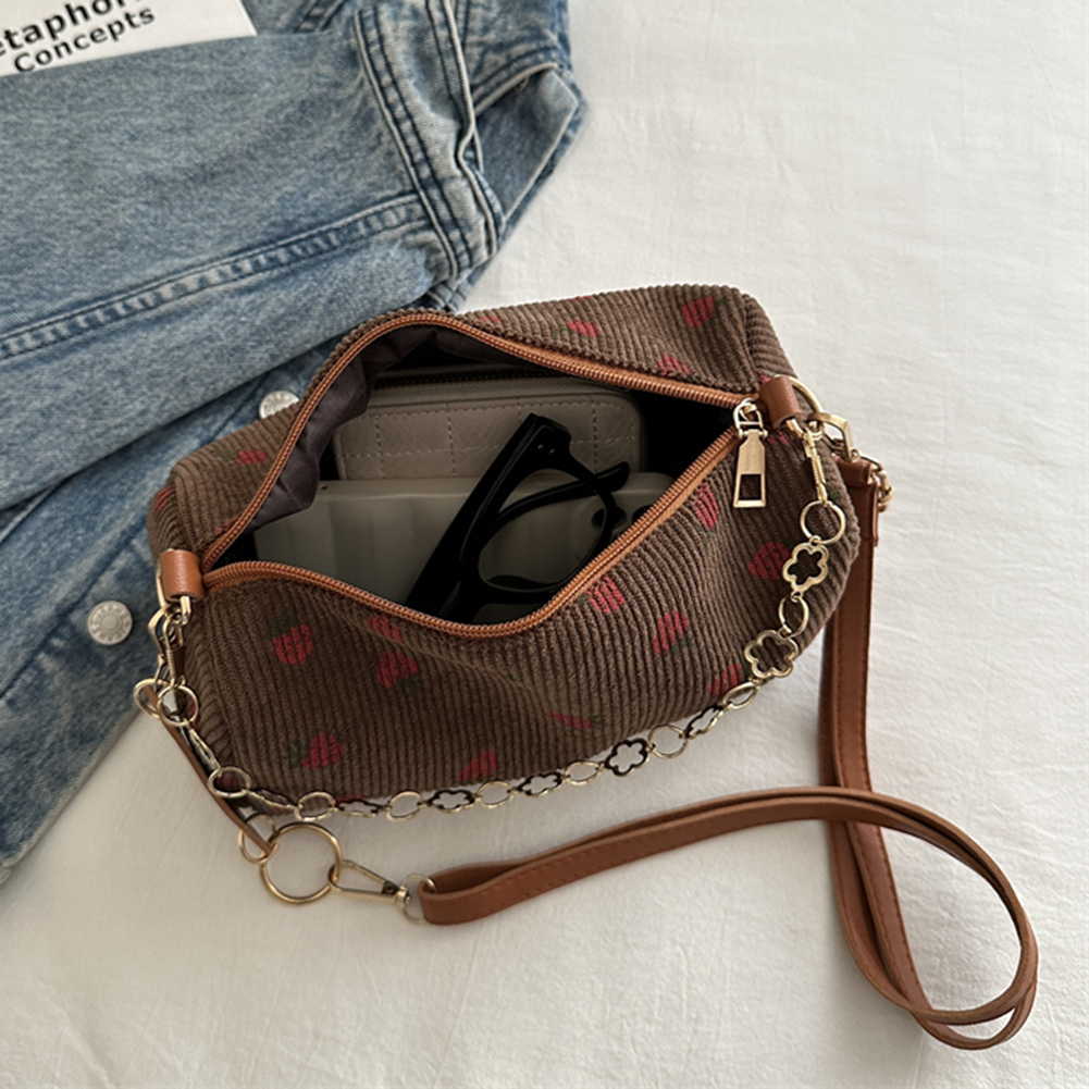 Cute Strawberry Print Shoulder Bag Corduroy Trendy Crossbody Bag with Adjustable Strap Designer Tote Bag for Women