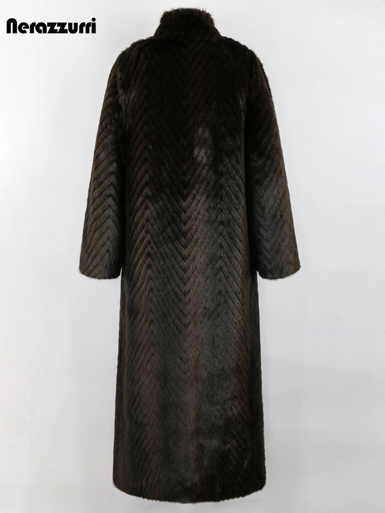 Sapphire winter special long thick warm ious elegant striped fluffy faux mink coat womens stand up collar Maxi coat 241107