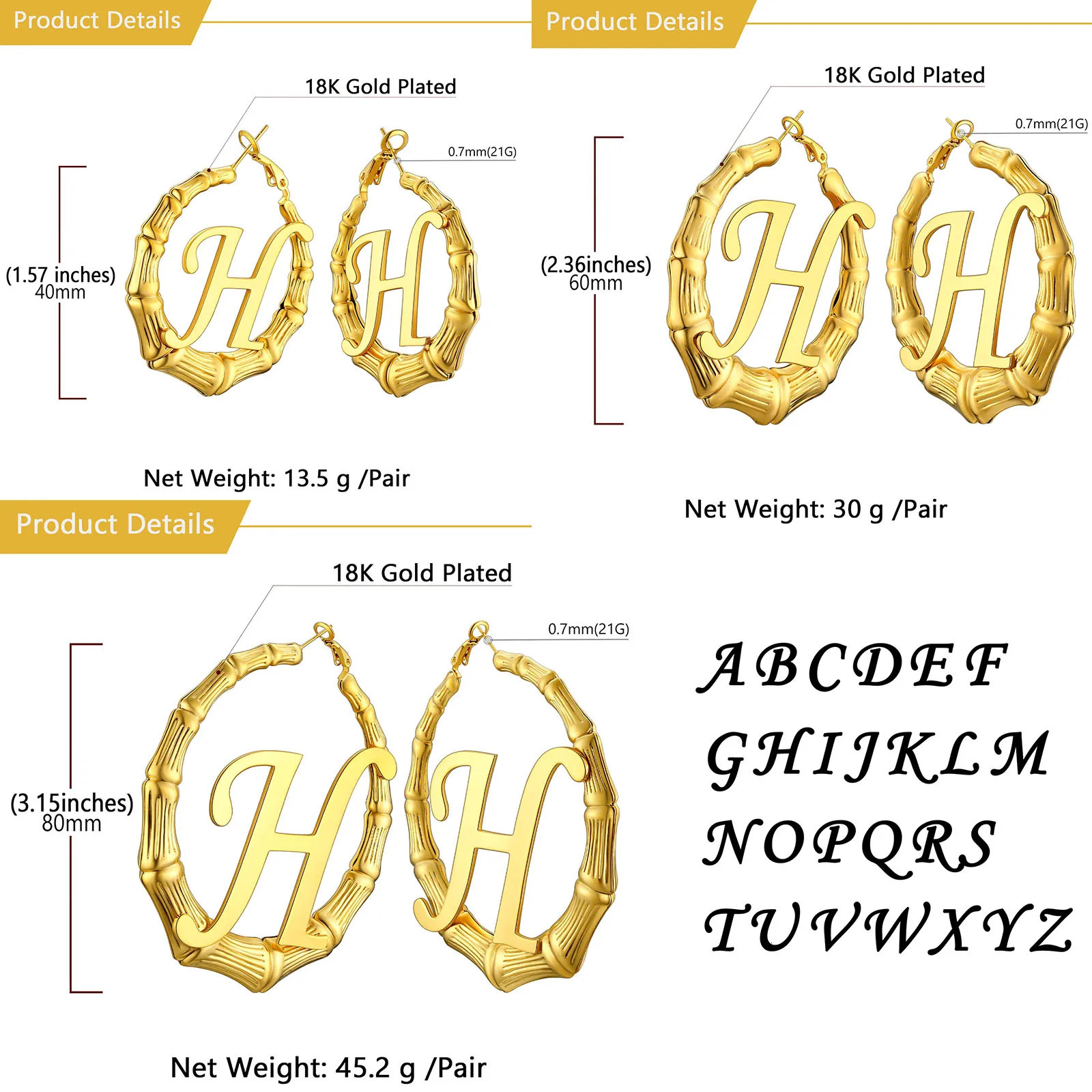 U7 large 40/60/70/80mm custom letter bamboo hoop earrings suitable for womens personalized name jewelry BFF girlfriend birthday gift 241106