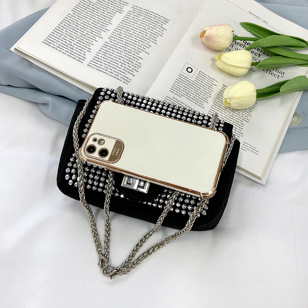 Vintage Leather Rhinestone Crossbody Bag Women Glitter Chain Shoulder Bags