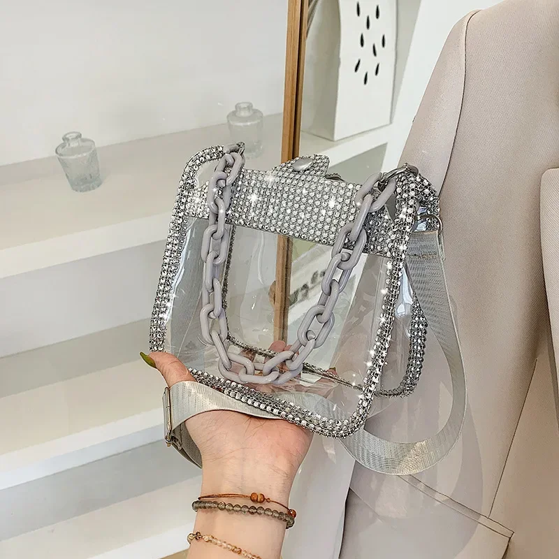 PVC Transparent Shoulder Crossbody Bag for Women Rhinestone Thick Chain Ladies Small Purse and Handbags Fashion Jelly Beach Tote