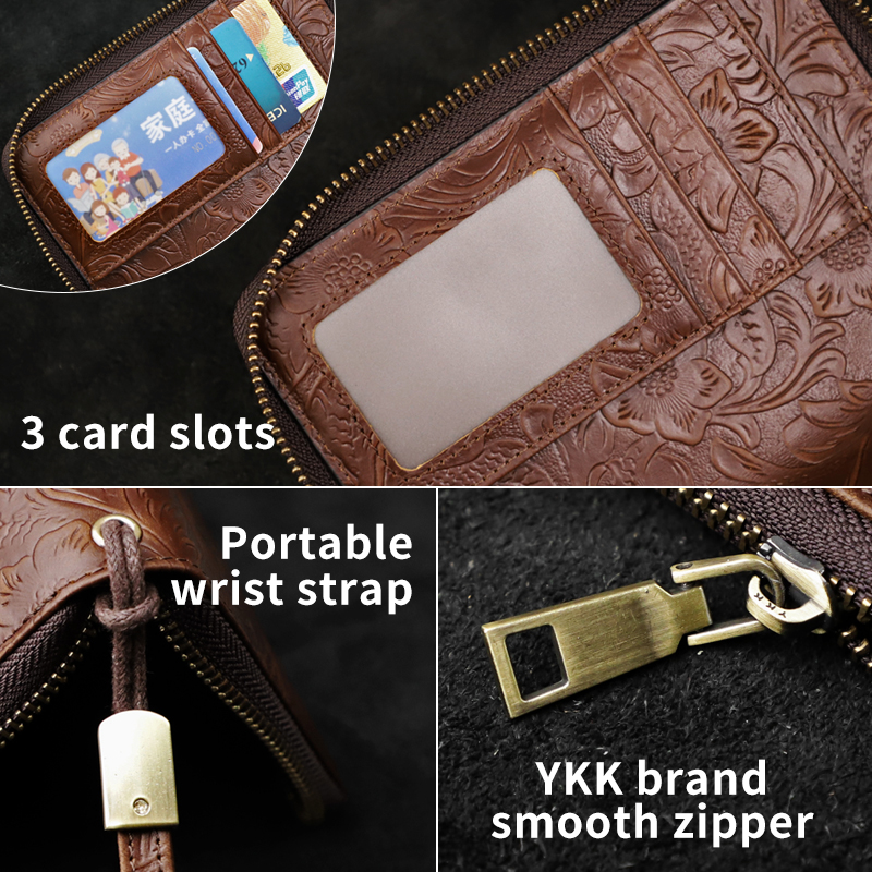 Casual Men's Clutch Wallet Handmade Genuine Leather Card Slot Passport Holder Long Wallet Portable Storage Zipper Wallet Handbag