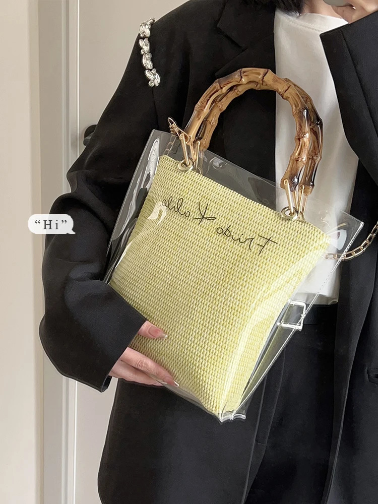 Transparent handbag summer sequin bucket bag fashionable single shoulder cross bag bamboo handbag 241106