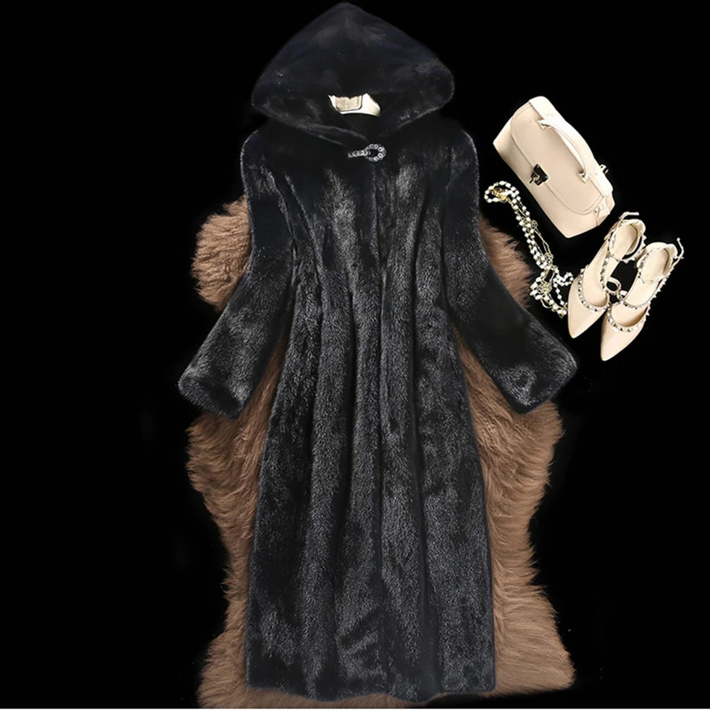 Womens fur coat winter mink coat long hood warm 241107