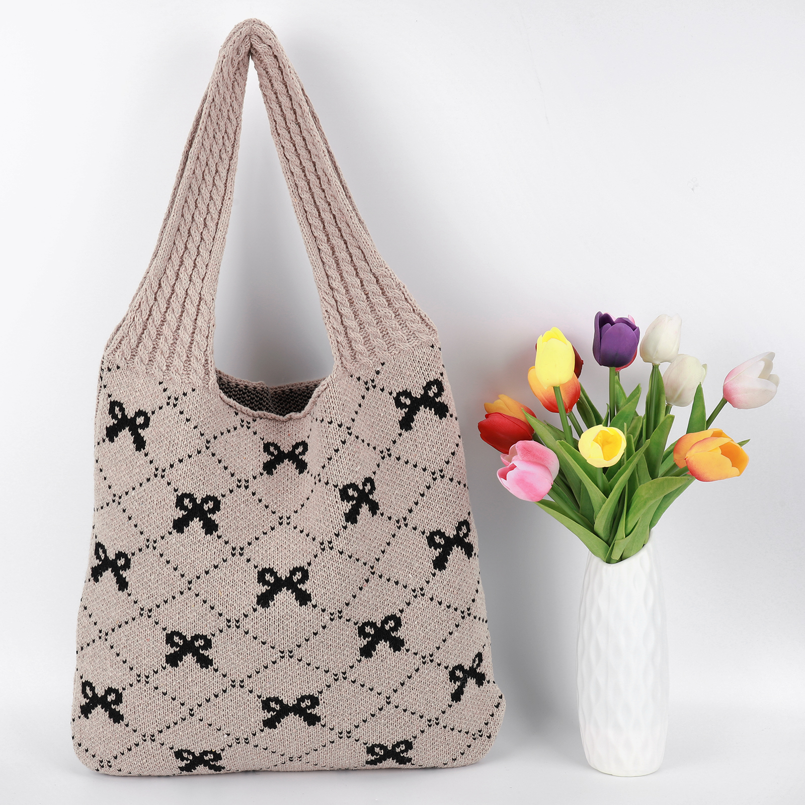 Women Crochet Tote Handbag Bow Printed Knitting Shoulder Bag Large Capacity Travel Shopping Handbag Ladies Daily Handbag