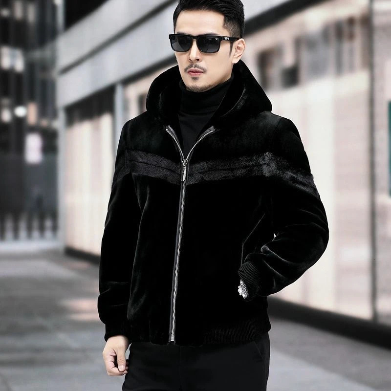 mens autumn and winter fashion faux mink coat mens long sleeved hooded jacket mens faux fur ultra-thin warm jacket I551 241107