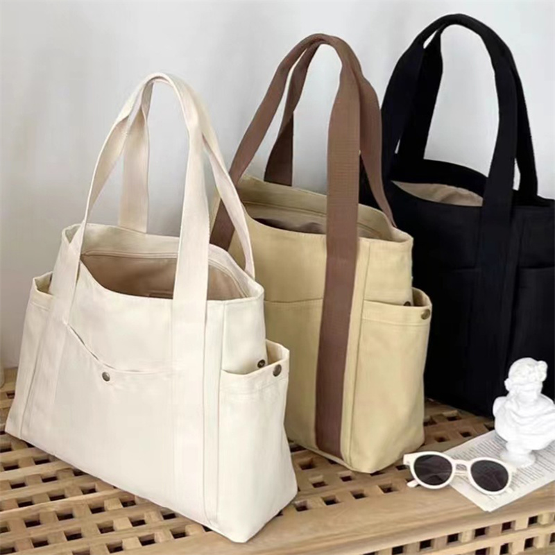 Large Capacity Canvas Shoulder Bag Woman Work Out Commuting Student Bags Unlined Load Book Cloth Bag Wear Resistant Bags