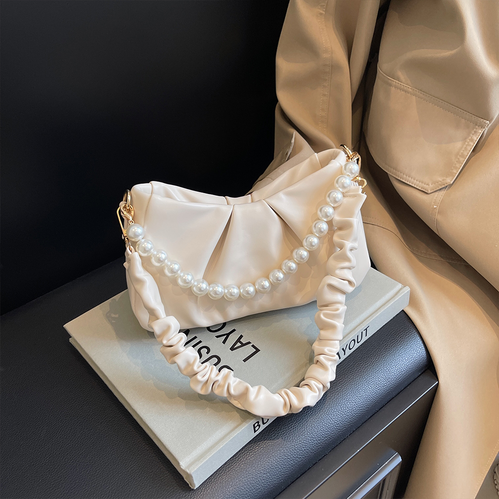 Women Ruched Shoulder Bag PU Leather Pleated Crossbody Bag Zipper Closure Simple Pearls Sling Bag Versatile Dating Bag