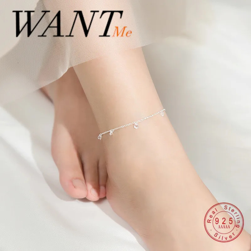 WANTME genuine 925 pure silver Korean round zircon Cuban chain charm ankle suitable for womens beach foot jewelry accessories 241107