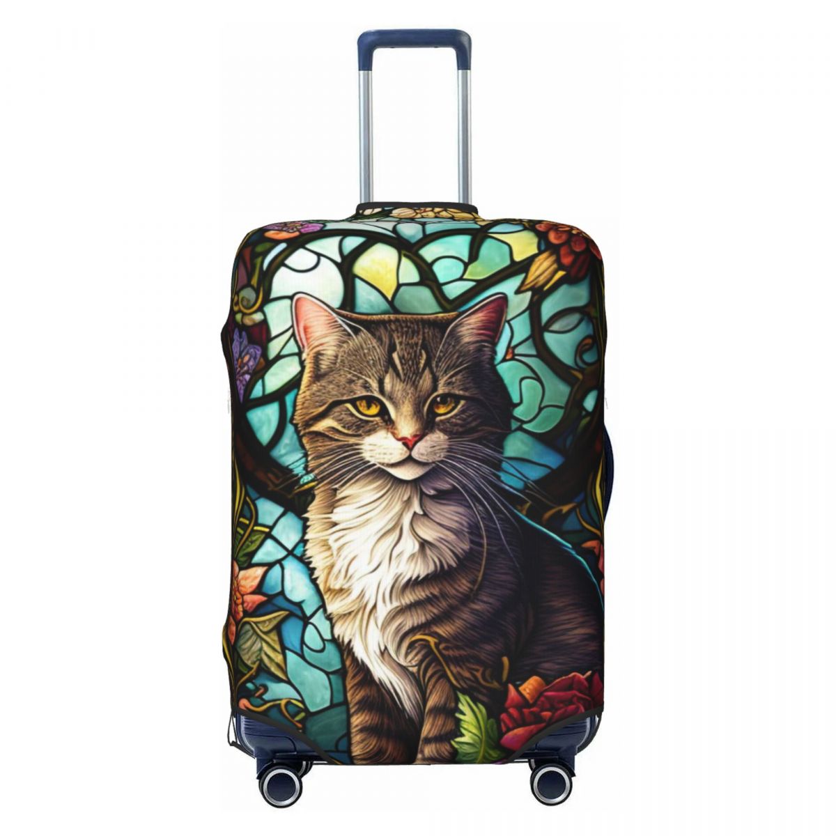 Cat Stained Glass Suitcase Cover Colorful Flowers Vacation Cruise Trip Useful Luggage Case Protector