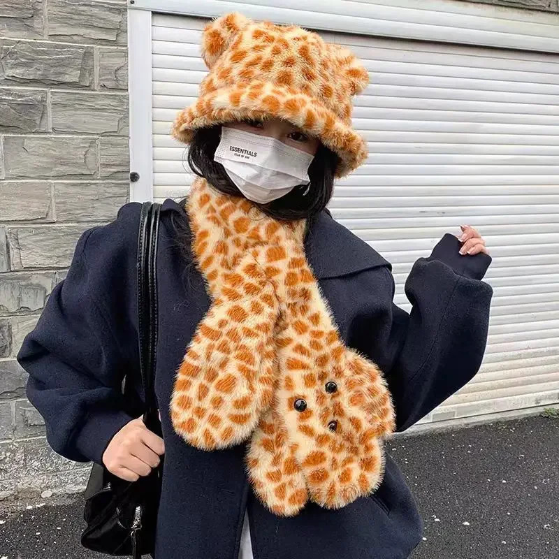 Fashion Cartoon Scarf Hat Set for Women Cute Bear Ear Tiger Pattern Plush Bucket Hat for Women Winter Soft Muffler Hat for Women 241107