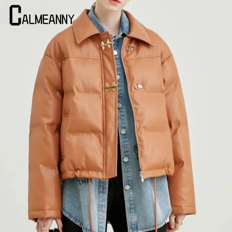 Womens down jacket winter casual loose collar velvet leather jacket short loose inflatable jacket 241107