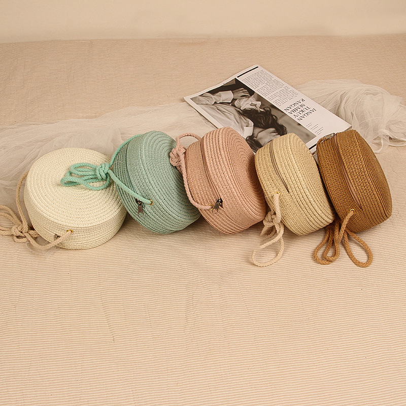 Round Straw Bag Women Woven Beach Crossbody Bag for Ladies Cute Shoulder Rattan Handmade Knitted Candy Color Small Handbag